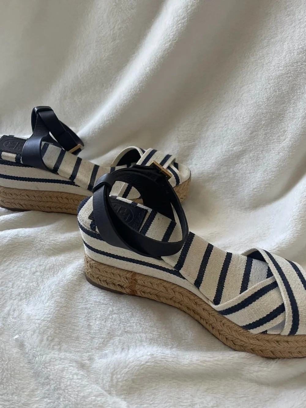 Tory Burch Striped Espadrille Wedge Sandals Navy Cream Size 7